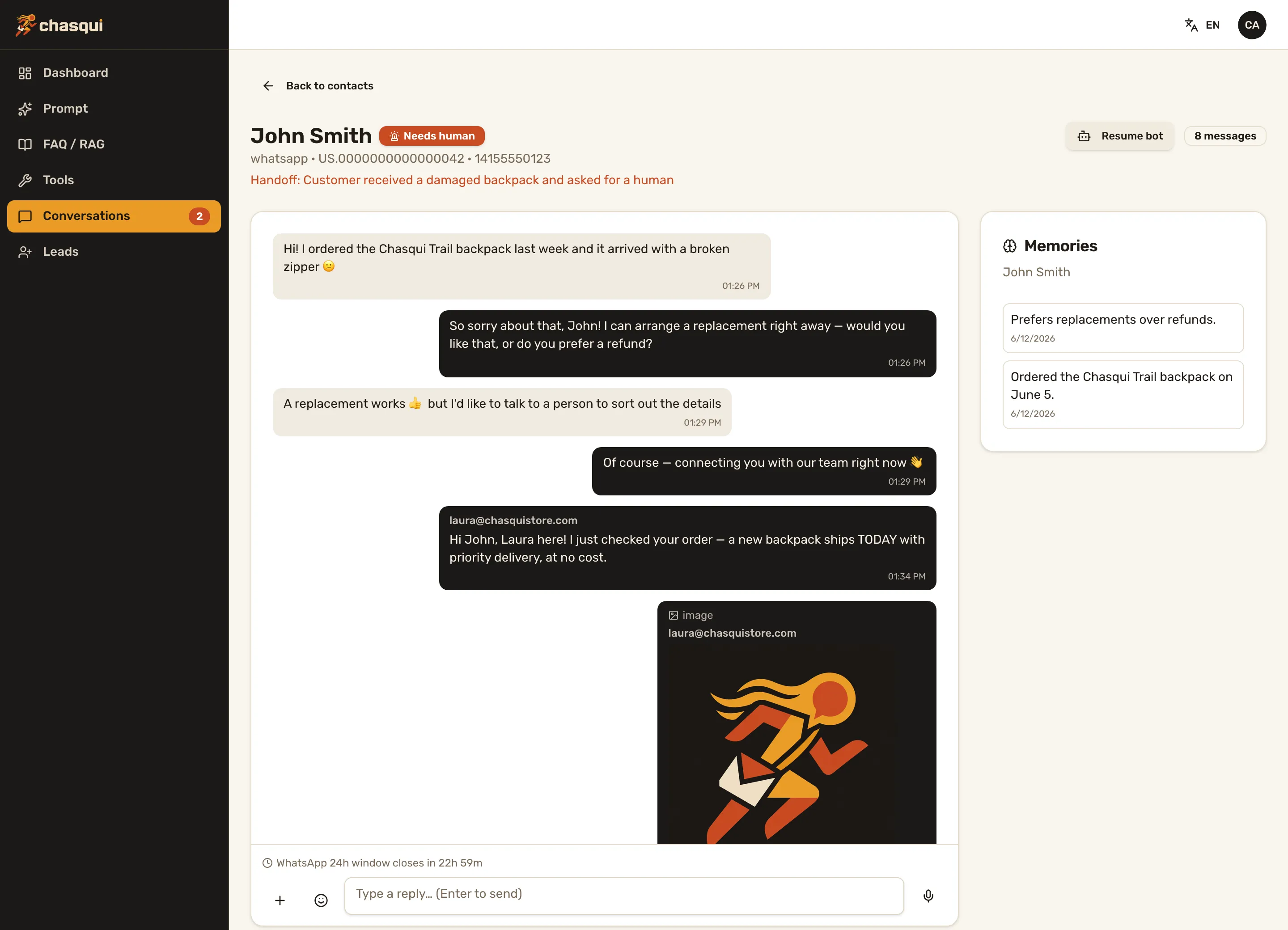 A full conversation: AI replies, human handoff, operator takeover