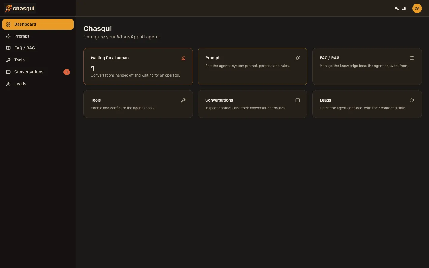 Chasqui admin dashboard in dark mode