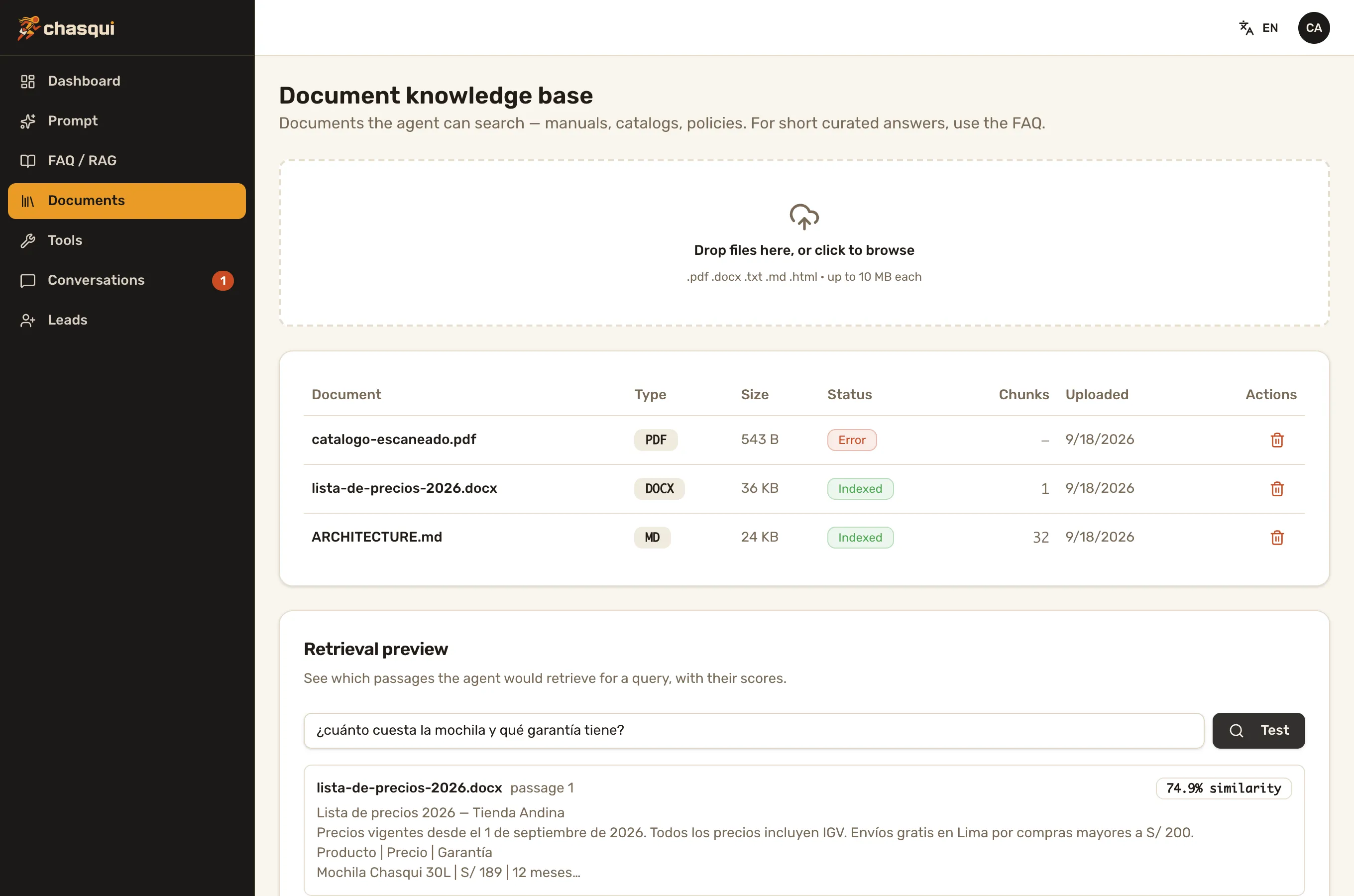 Chasqui admin, Documents page: a drop zone, three uploaded files with their status, and a retrieval preview showing a passage with its similarity score